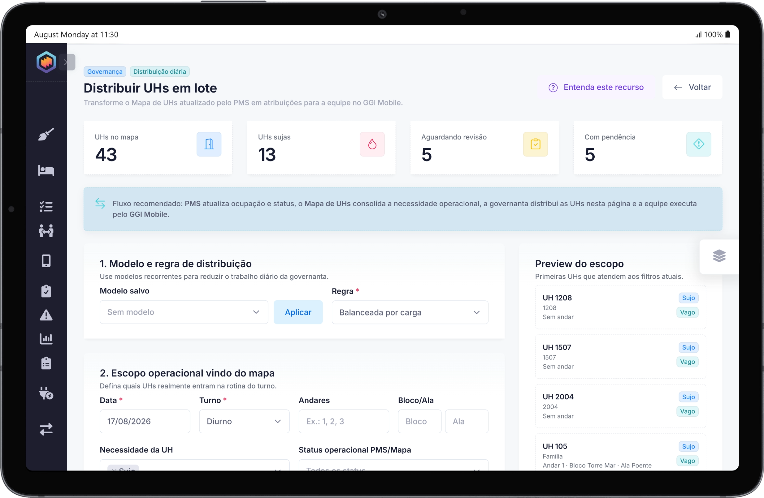 Mapa e dashboard do módulo de governança hoteleira